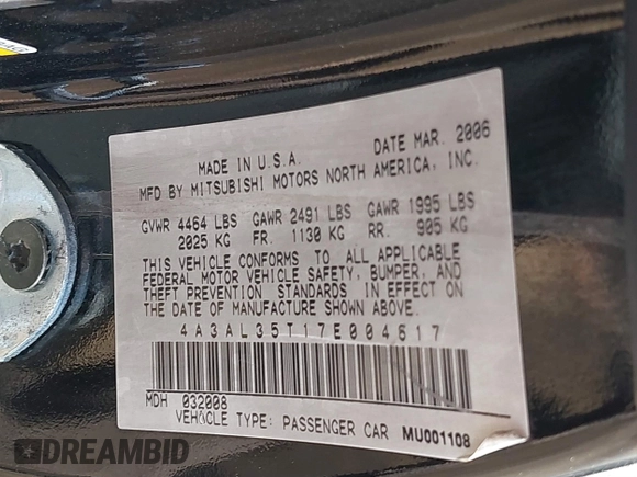 2007 Mitsubishi Eclipse GT with VIN 4A3AL35T17E004617, listed as a IAAI auction lot 41707993 with 103,277 mi miles and . Bid and sale history available at DreamBid. Image 9.