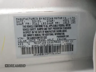2021 Nissan Sentra SV with VIN 3N1AB8CV2MY261262, listed as a Copart auction lot 53751535 with 53,338 mi miles and Non Repairable. Bid and sale history available at DreamBid. Image 12.