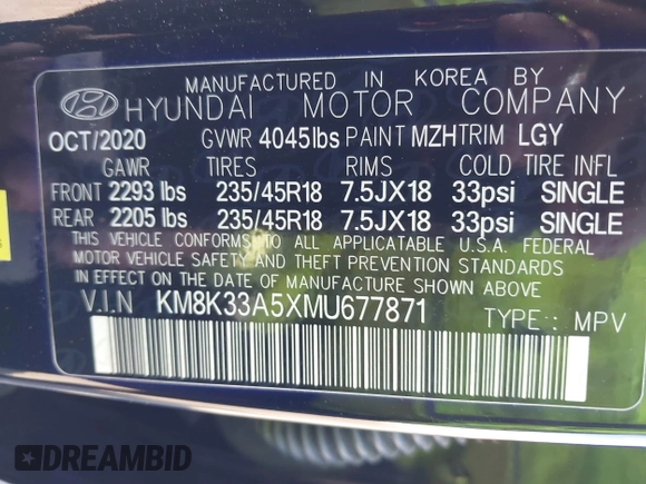 2021 Hyundai Kona Limited with VIN KM8K33A5XMU677871, listed as a IAAI auction lot 41593228 with 28,197 mi miles. Bid and sale history available at carsss.com. Image 9.