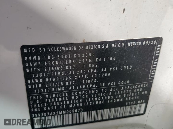 2021 Volkswagen Tiguan SE z VIN 3VV3B7AX2MM005670, wystawiony jako Copart lot #63139705 z przebiegiem 88 052 mil mil oraz Szkoda całkowita • Salvage title. Historia ofert i sprzedaży dostępna na DreamBid. Obrazek 13.