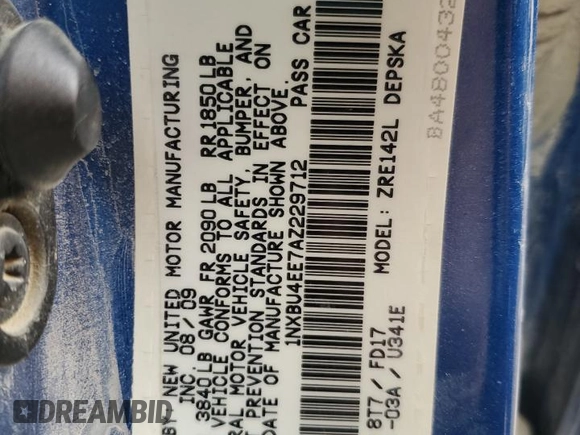 2010 Toyota Corolla with VIN 1NXBU4EE7AZ229712, listed as a Copart auction lot 57962845 with Not provided miles and Salvage title. Bid and sale history available at DreamBid. Image 12.