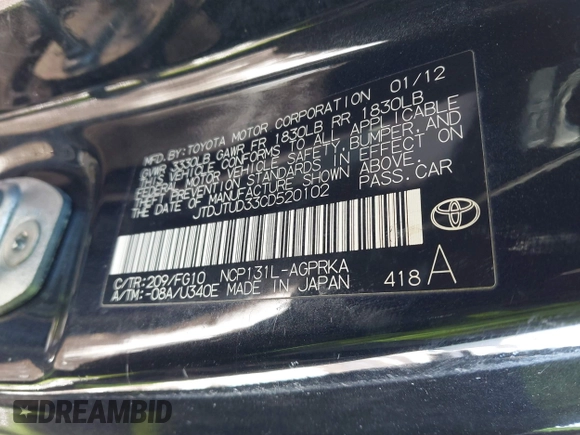 2012 Toyota Yaris L with VIN JTDJTUD33CD520102, listed as a IAAI auction lot 41621530 with 133,144 mi miles. Bid and sale history available at carsss.com. Image 9.