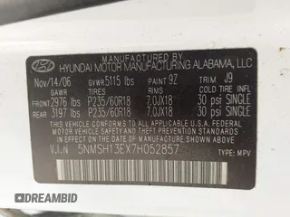 2007 Hyundai Santa Fe SE with VIN 5NMSH13EX7H052857, listed as a IAAI auction lot 42548659 with 136,445 mi miles and . Bid and sale history available at DreamBid. Image 9.