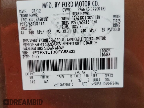 2012 Ford F-150 XL z VIN 1FTFX1ET3CFC58433, wystawiony jako Copart lot #60319195 z przebiegiem 114 046 mil mil oraz Szkoda całkowita • Salvage title. Historia ofert i sprzedaży dostępna na DreamBid. Obrazek 12.