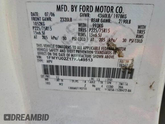 2007 Ford Escape XLS с VIN 1FMYU02Z17KA49513, выставлен на аукционе Copart как лот 61917225 с пробегом 119 255 миль миль и Чистый • Clean title. История ставок и продаж доступна на DreamBid. Изображение 13.