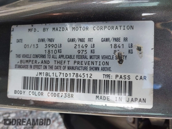 2013 Mazda 3 i Touring with VIN JM1BL1L71D1784512, listed as a IAAI auction lot 42057117 with 70,112 mi miles and . Bid and sale history available at DreamBid. Image 9.