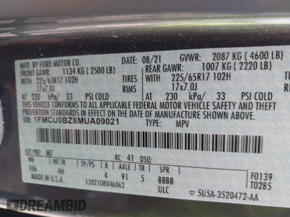 2021 Ford Escape SE Hybrid z VIN 1FMCU0BZ8MUA09021, wystawiony jako IAAI lot #42229018 z przebiegiem 62 265 mil mil oraz . Historia ofert i sprzedaży dostępna na DreamBid. Obrazek 9.