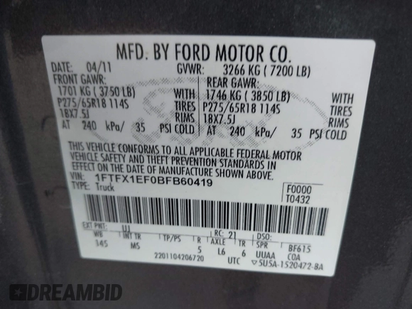 2011 Ford F-150 XL with VIN 1FTFX1EF0BFB60419, listed as a IAAI auction lot 42436655 with 211,359 mi miles and . Bid and sale history available at DreamBid. Image 9.