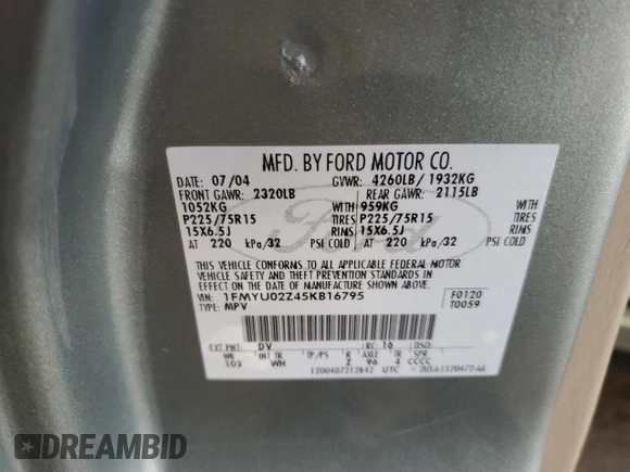 2005 Ford Escape XLS Value with VIN 1FMYU02Z45KB16795, listed as a Copart auction lot 76715344 with 196,424 mi miles and Salvage Title. Bid and sale history available at carsss.com. Image 15.