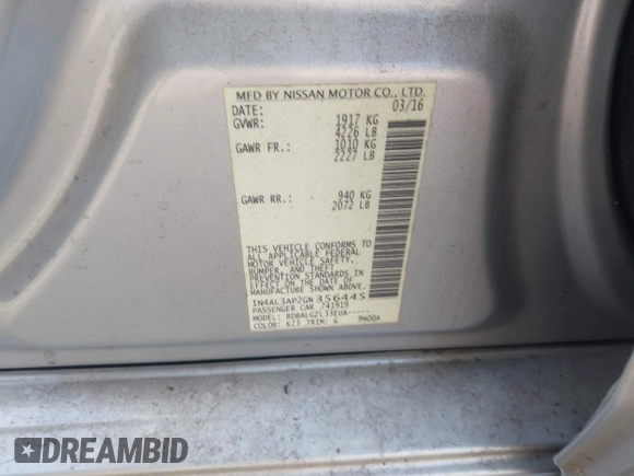 2016 Nissan Altima S with VIN 1N4AL3AP2GN356445, listed as a IAAI auction lot 41326973 with 167,413 mi miles and . Bid and sale history available at carsss.com. Image 9.
