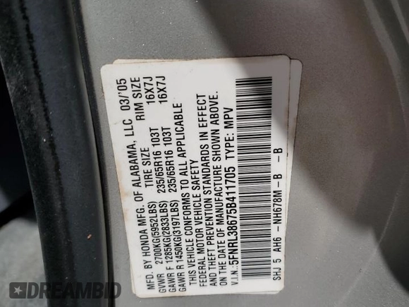 2005 Honda Odyssey EX-L with VIN 5FNRL38675B411705, listed as a Copart auction lot 50131575 with 142,480 mi miles and Salvage Title. Bid and sale history available at carsss.com. Image 13.