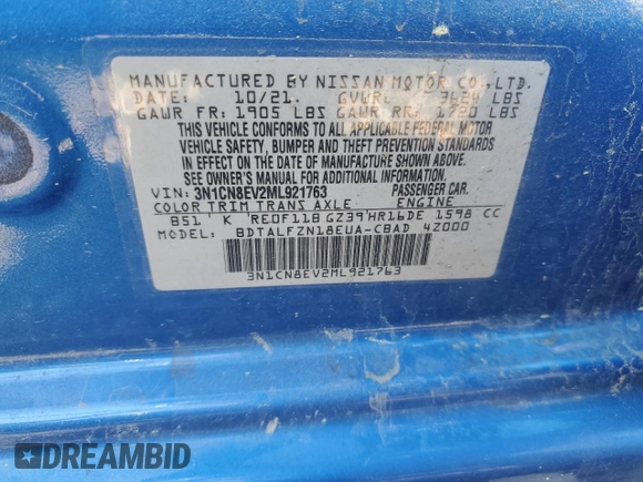 2021 Nissan Versa SV with VIN 3N1CN8EV2ML921763, listed as a Copart auction lot 51746795 with 32,891 mi miles and Salvage Title. Bid and sale history available at DreamBid. Image 12.