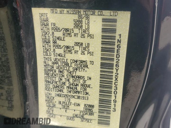 1999 Nissan Frontier XE z VIN 1N6ED26Y2XC301913, wystawiony jako Copart lot #53152165 z przebiegiem 271 272 mil mil oraz Szkoda całkowita • Salvage title. Historia ofert i sprzedaży dostępna na DreamBid. Obrazek 12.