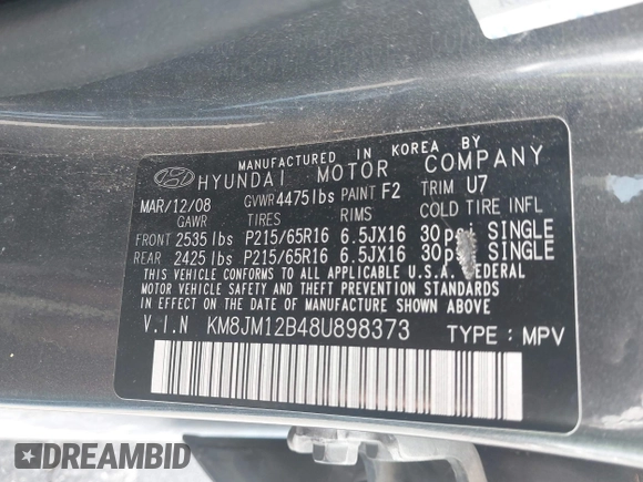 2008 Hyundai Tucson GLS with VIN KM8JM12B48U898373, listed as a IAAI auction lot 42212532 with 139,491 mi miles and . Bid and sale history available at DreamBid. Image 9.