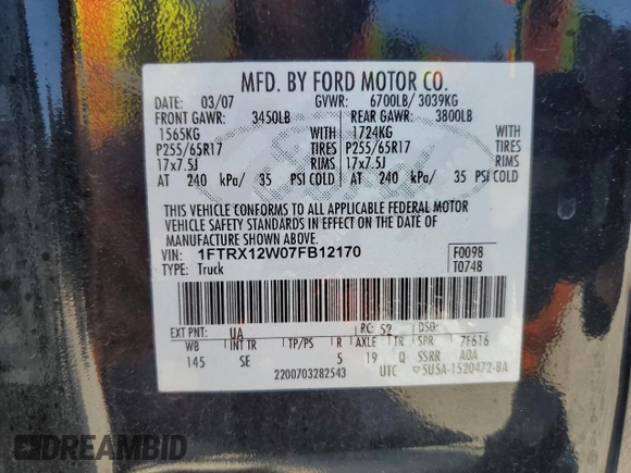 2007 Ford F-150 STX with VIN 1FTRX12W07FB12170, listed as a Copart auction lot 50452015 with 169,814 mi miles and Salvage title. Bid and sale history available at DreamBid. Image 12.