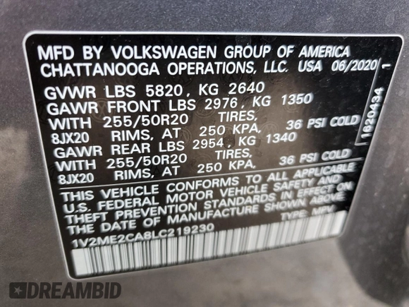2020 Volkswagen Atlas SEL with VIN 1V2ME2CA8LC219230, listed as a Copart auction lot 47063985 with Not provided miles and Non repairable. Bid and sale history available at DreamBid. Image 14.