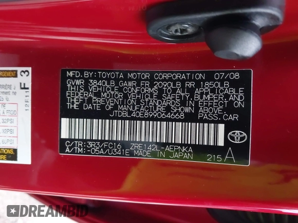 2009 Toyota Corolla with VIN JTDBL40E899064668, listed as a IAAI auction lot 41889355 with 168,145 mi miles. Bid and sale history available at carsss.com. Image 9.