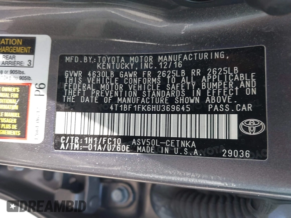 2017 Toyota Camry XLE z VIN 4T1BF1FK6HU369645, wystawiony jako IAAI lot #42371611 z przebiegiem 65 716 mil mil oraz . Historia ofert i sprzedaży dostępna na DreamBid. Obrazek 9.