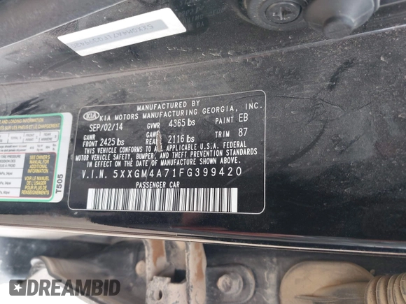 2015 Kia Optima LX with VIN 5XXGM4A71FG399420, listed as a IAAI auction lot 41928688 with 163,440 mi miles. Bid and sale history available at carsss.com. Image 9.