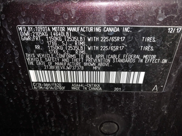 2018 Toyota RAV4 LE with VIN 2T3BFREVXJW737378, listed as a IAAI auction lot 41355320 with 58,609 mi miles. Bid and sale history available at carsss.com. Image 9.