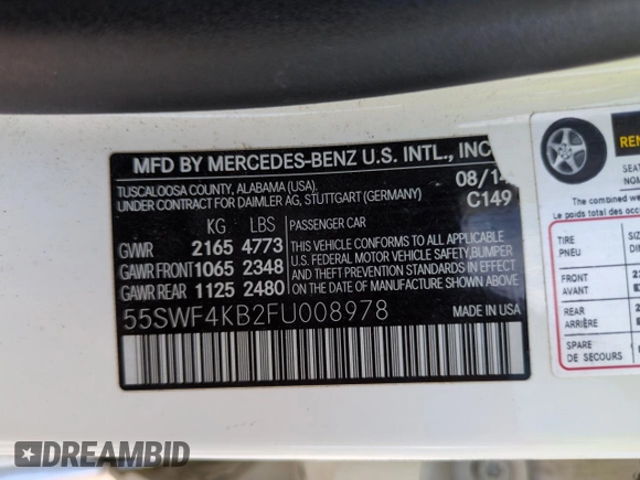 2015 Mercedes-Benz C 300 Luxury with VIN 55SWF4KB2FU008978, listed as a Copart auction lot 65449275 with 123,003 mi miles and Salvage title. Bid and sale history available at DreamBid. Image 12.