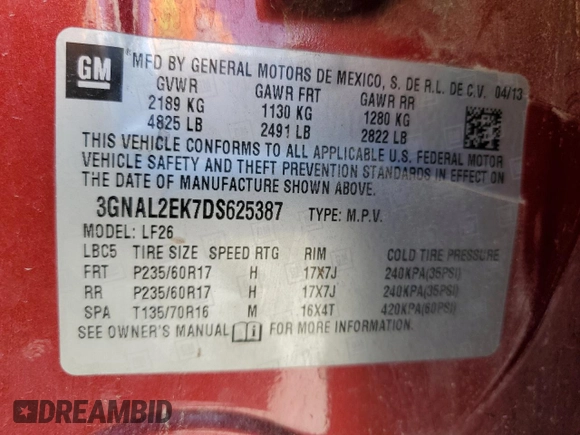 2013 Chevrolet Captiva Sport LS with VIN 3GNAL2EK7DS625387, listed as a Copart auction lot 54608265 with 221,004 mi miles and Clean Title. Bid and sale history available at carsss.com. Image 13.