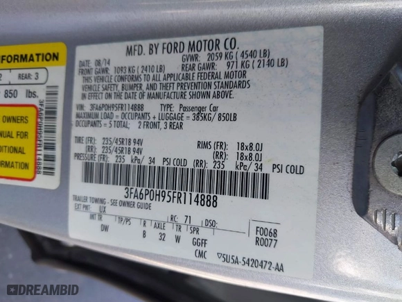 2015 Ford Fusion SE with VIN 3FA6P0H95FR114888, listed as a IAAI auction lot 41718689 with 71,120 mi miles. Bid and sale history available at carsss.com. Image 9.