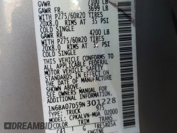 2009 Nissan Titan SE with VIN 1N6BA07D59N301228, listed as a Copart auction lot 84436334 with Not Provided miles and Salvage Title. Bid and sale history available at carsss.com. Image 12.
