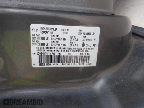 2004 Dodge Durango SLT с VIN 1D4HB48N74F101708, выставлен на аукционе IAAI как лот 42122824 с пробегом 220 072 миль миль и . История ставок и продаж доступна на DreamBid. Изображение 9.