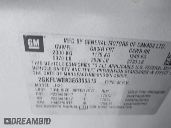 2014 GMC Terrain SLE with VIN 2GKFLWEK3E6300519, listed as a IAAI auction lot 41587325 with 129,583 mi miles. Bid and sale history available at carsss.com. Image 9.