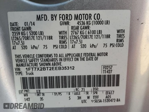 2014 Ford F-250 XLT with VIN 1FT7X2BT2EEB35312, listed as a Copart auction lot 83101704 with Not provided miles and Salvage title. Bid and sale history available at DreamBid. Image 13.
