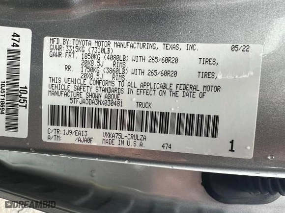 2022 Toyota Tundra 4WD Limited with VIN 5TFJA5DA3NX030481, listed as a Copart auction lot 87532395 with 19,782 mi miles and Clean Title. Bid and sale history available at carsss.com. Image 10.