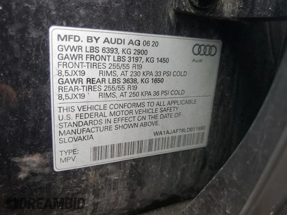 2020 Audi Q7 Premium with VIN WA1AJAF78LD011590, listed as a Copart auction lot 57129915 with 75,401 mi miles and Salvage title. Bid and sale history available at DreamBid. Image 13.