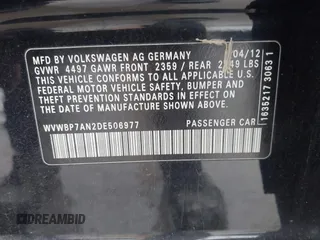 2013 Volkswagen CC Sport with VIN WVWBP7AN2DE506977, listed as a IAAI auction lot 41440929 with 62,385 mi miles. Bid and sale history available at carsss.com. Image 9.