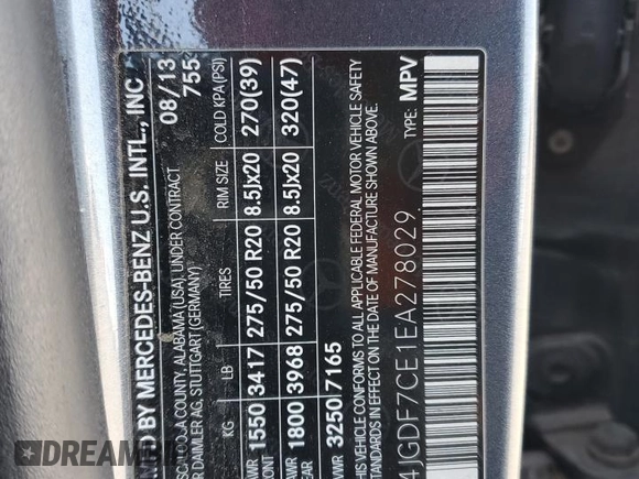 2014 Mercedes-Benz GL 450 with VIN 4JGDF7CE1EA278029, listed as a Copart auction lot 55501885 with 143,250 mi miles and Salvage title. Bid and sale history available at DreamBid. Image 13.