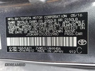 2016 Toyota Prius Four with VIN JTDKARFU7G3022980, listed as a Copart auction lot 54626495 with 187,992 mi miles and Salvage Title. Bid and sale history available at carsss.com. Image 13.