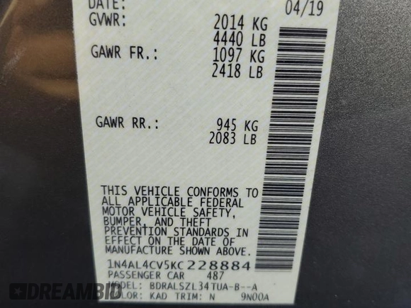2019 Nissan Altima SR with VIN 1N4AL4CV5KC228884, listed as a Copart auction lot 71871604 with 59,278 mi miles and Salvage Title. Bid and sale history available at carsss.com. Image 13.