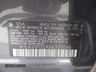 2006 BMW 3 Series 325i with VIN WBAVB135X6KX33048, listed as a IAAI auction lot 42415615 with 205,421 mi miles and . Bid and sale history available at DreamBid. Image 9.