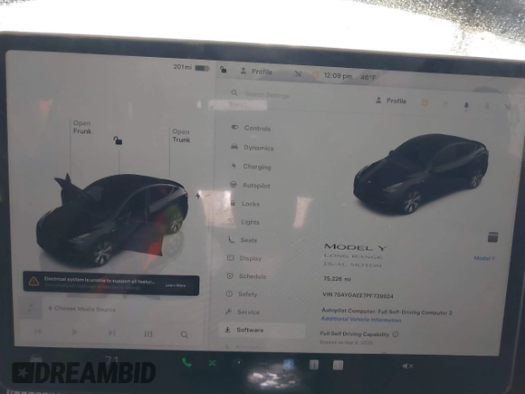 2023 Tesla Model Y Long Range with VIN 7SAYGAEE7PF739924, listed as a IAAI auction lot 41612323 with 75,226 mi miles and . Bid and sale history available at DreamBid. Image 7.