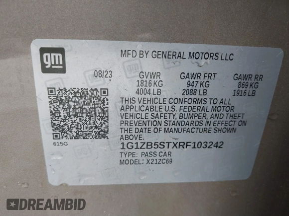 2024 Chevrolet Malibu LS with VIN 1G1ZB5STXRF103242, listed as a IAAI auction lot 41521738 with 21,715 mi miles and . Bid and sale history available at DreamBid. Image 9.