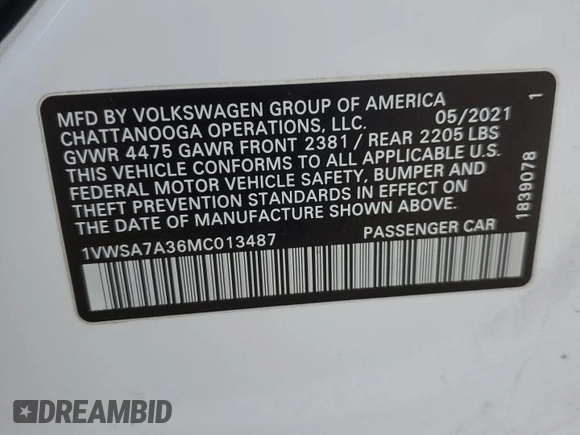 2021 Volkswagen Passat SE with VIN 1VWSA7A36MC013487, listed as a Copart auction lot 47093925 with 71,917 mi miles and Salvage title. Bid and sale history available at DreamBid. Image 14.