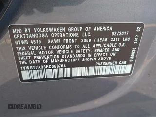 2017 Volkswagen Passat SE with VIN 1VWGT7A33HC058764, listed as a IAAI auction lot 42668036 with 76,732 mi miles and . Bid and sale history available at DreamBid. Image 9.