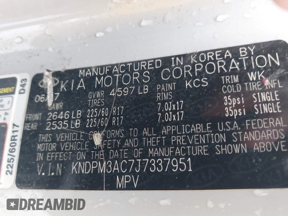 2018 Kia Sportage LX with VIN KNDPM3AC7J7337951, listed as a IAAI auction lot 41900482 with 105,857 mi miles and . Bid and sale history available at carsss.com. Image 9.
