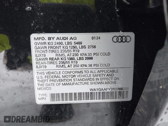2024 Audi Q5 S line Premium with VIN WA1GAAFY2R2066205, listed as a IAAI auction lot 41565261 with 20,052 mi miles. Bid and sale history available at carsss.com. Image 9.