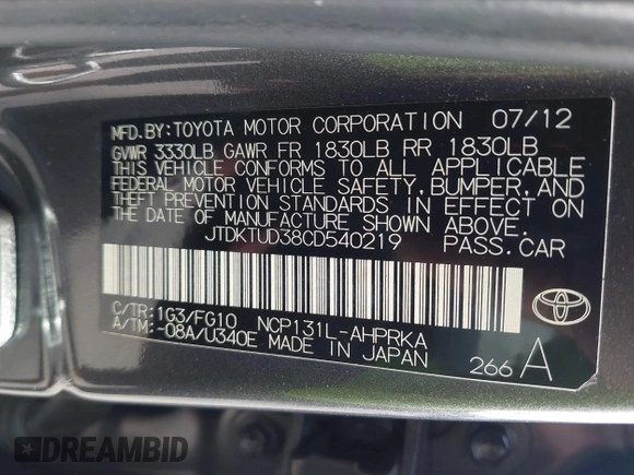 2012 Toyota Yaris L with VIN JTDKTUD38CD540219, listed as a IAAI auction lot 42091750 with 152,878 mi miles. Bid and sale history available at carsss.com. Image 9.