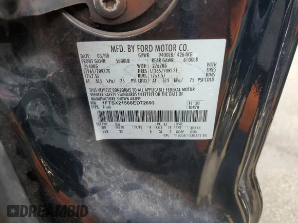 2008 Ford F-250 XL with VIN 1FTSX21568ED72693, listed as a Copart auction lot 63564855 with 268,393 mi miles and Salvage title. Bid and sale history available at DreamBid. Image 12.
