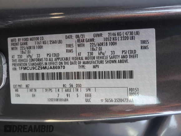 2021 Ford Escape SEL Hybrid z VIN 1FMCU9CZ9MUA86970, wystawiony jako Copart lot #84290064 z przebiegiem 32 019 mil mil oraz Szkoda całkowita • Salvage title. Historia ofert i sprzedaży dostępna na DreamBid. Obrazek 14.