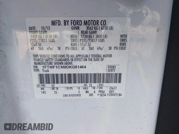 2013 Ford F-150 XL с VIN 1FTMF1CM9DKG51464, выставлен на аукционе IAAI как лот 41975337 с пробегом 344 078 миль миль и . История ставок и продаж доступна на DreamBid. Изображение 9.