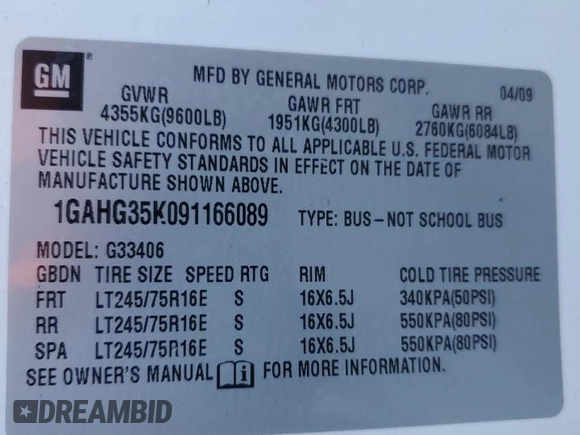 2009 Chevrolet Express Passenger with VIN 1GAHG35K091166089, listed as a Copart auction lot 76703124 with 184,354 mi miles and Clean title. Bid and sale history available at DreamBid. Image 14.