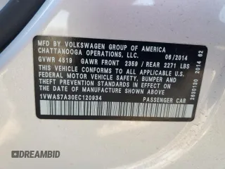 2014 Volkswagen Passat S with VIN 1VWAS7A30EC120934, listed as a Copart auction lot 86300754 with 91,176 mi miles and Salvage Title. Bid and sale history available at carsss.com. Image 13.